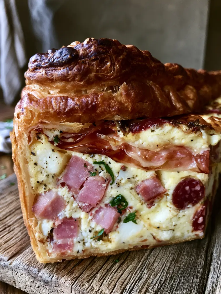 Macro side profile of an Italian meat pie slice with visible buttery pastry layers and ham cubes.