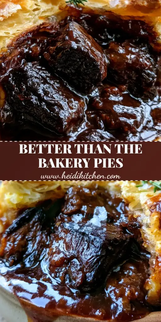 Chunky Beef Meat Pies with Shattered Puff Pastry and Mahogany Gravy 4 A close-up vertical shot of individual chunky beef meat pies in ceramic ramekins with shattered golden puff pastry and fresh thyme garnish. (chunky beef meat pies)