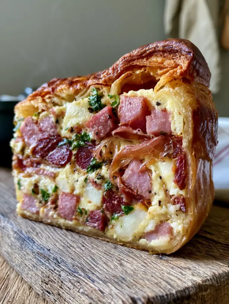 Cross-section of Italian meat pie showing prosciutto ribbons and basket cheese bound in ricotta.