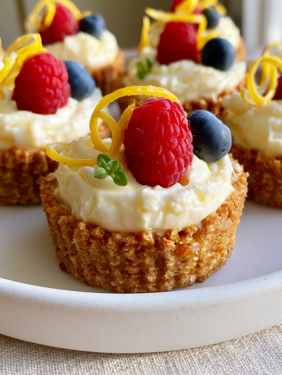 Close-up handheld photo of a platter of mini no-bake lemon cheesecake tarts showing the velvety filling and golden crust.
