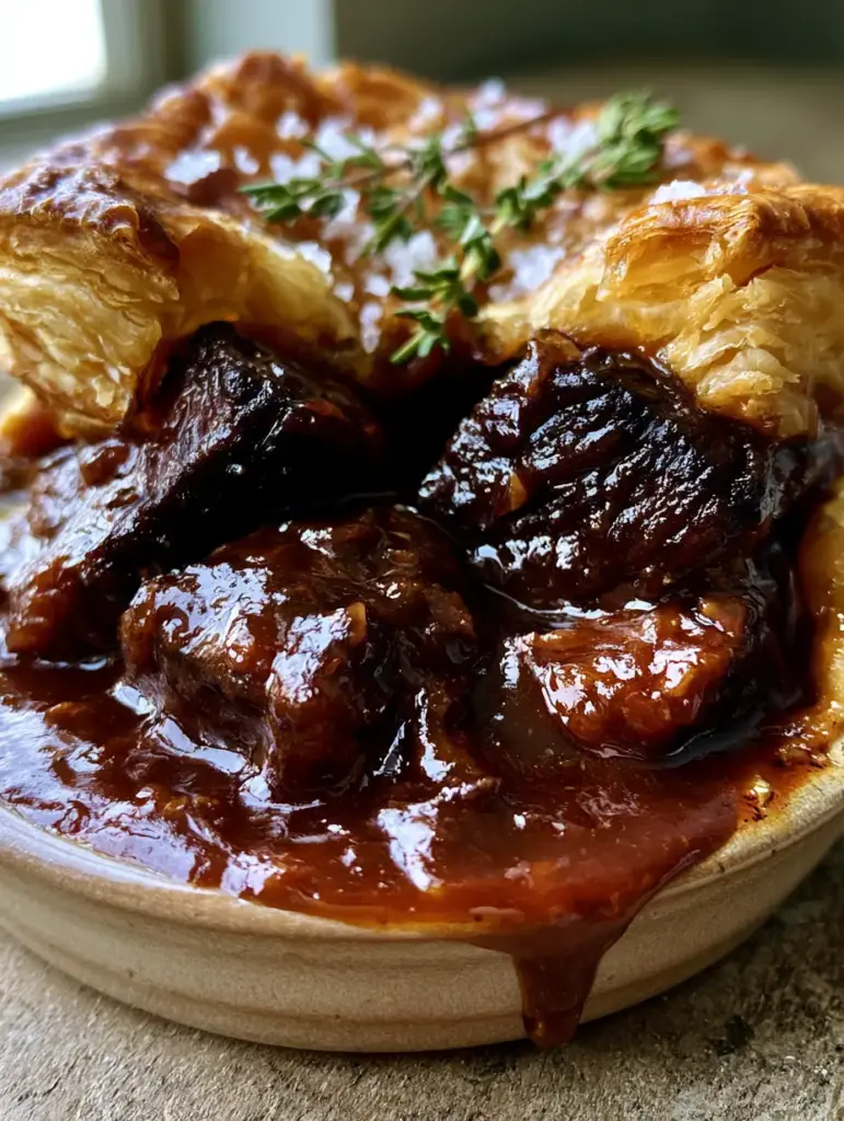 Chunky Beef Meat Pies with Shattered Puff Pastry and Mahogany Gravy 2 Macro cross-section of a chunky beef meat pie showing tender dark-seared beef and thick mahogany gravy oozing under a flaky crust. (chunky beef meat pies)