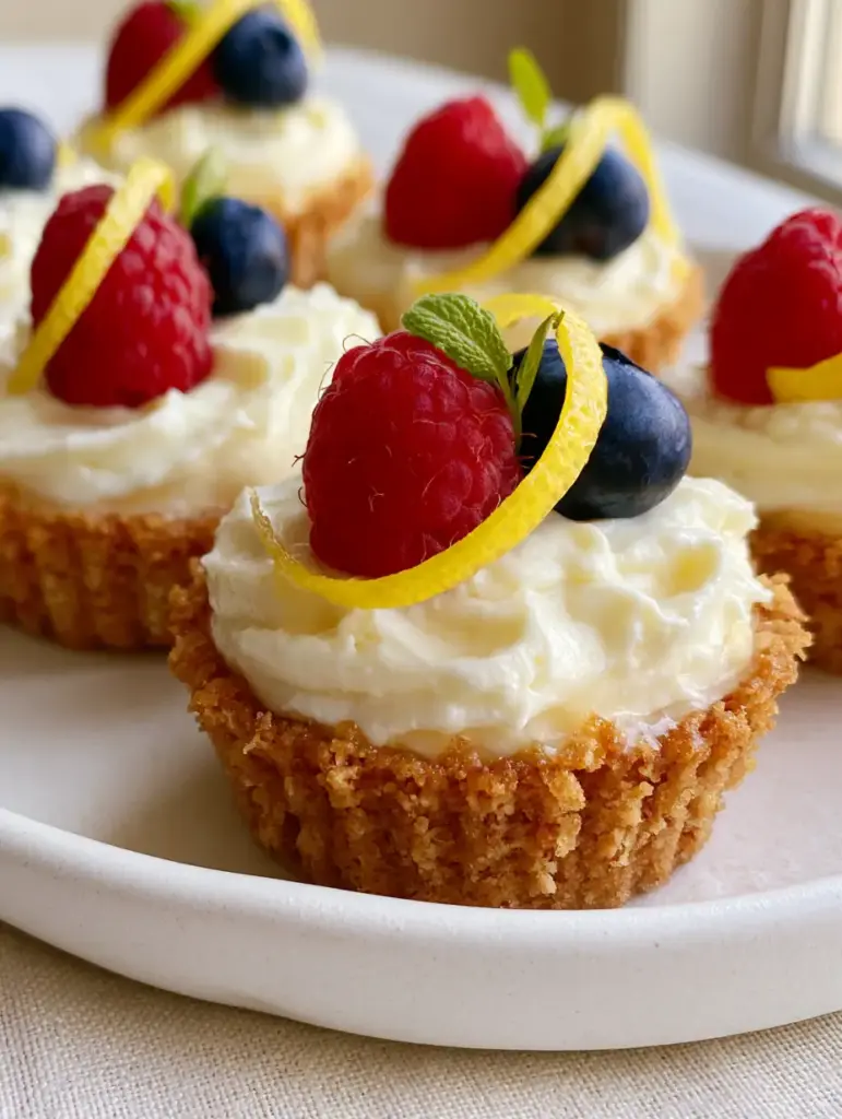 Artisanal plating of no-bake lemon cheesecake tarts on a matte white ceramic dish with micro-mint leaves.