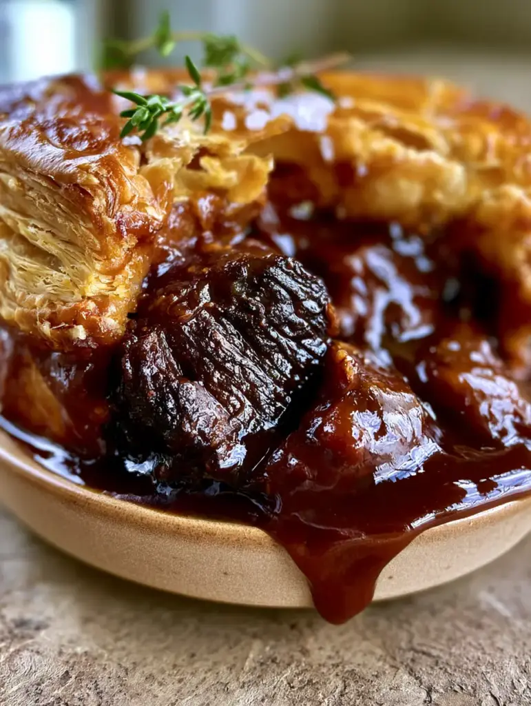 Chunky Beef Meat Pies with Shattered Puff Pastry and Mahogany Gravy 1 A handheld smartphone photo of a chunky beef meat pie in a white ceramic dish on a rustic wooden table with side natural lighting. (chunky beef meat pies)