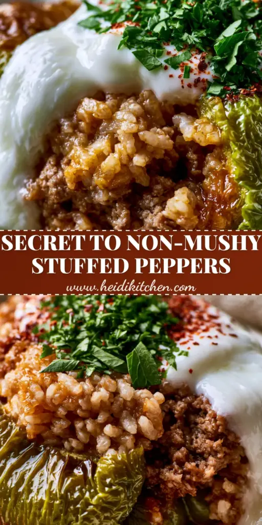 Turkish Stuffed Peppers: The Ultimate Guide to Authentic Biber Dolması 4 A vertical photo of Turkish Stuffed Peppers with a dollop of garlic yogurt and fresh parsley garnish on a linen background.