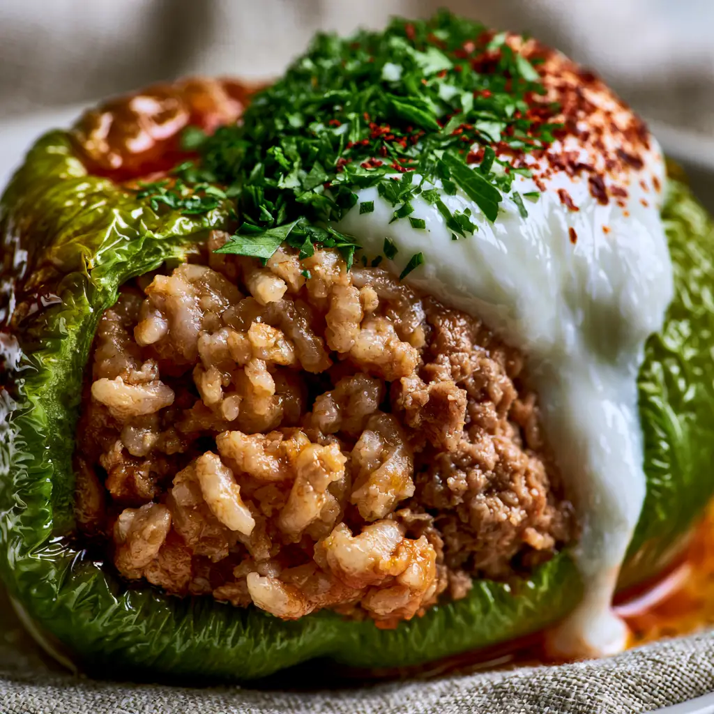 Turkish Stuffed Peppers: The Ultimate Guide to Authentic Biber Dolması 2 Extreme macro close-up of a single Turkish Stuffed Pepper sliced open to show fluffy rice and ground beef filling.
