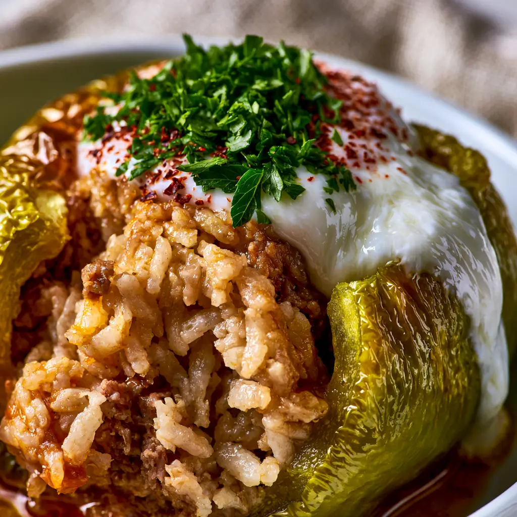 Turkish Stuffed Peppers: The Ultimate Guide to Authentic Biber Dolması 1 Close up of a Turkish Stuffed Pepper with blistered green skin and a glossy tomato oil sheen.