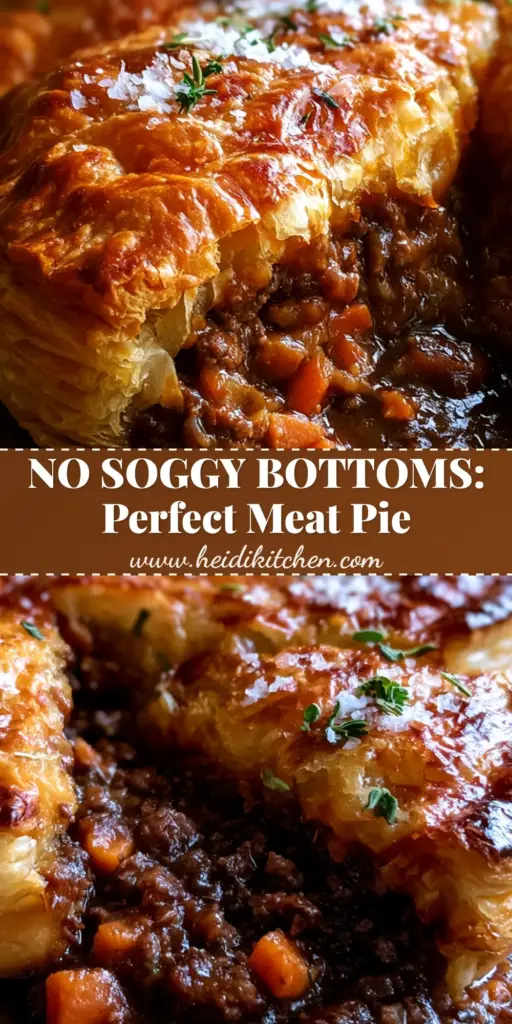 A rustic savory meat pie with a golden-brown flaky puff pastry crust and fresh thyme on a dark oak board.