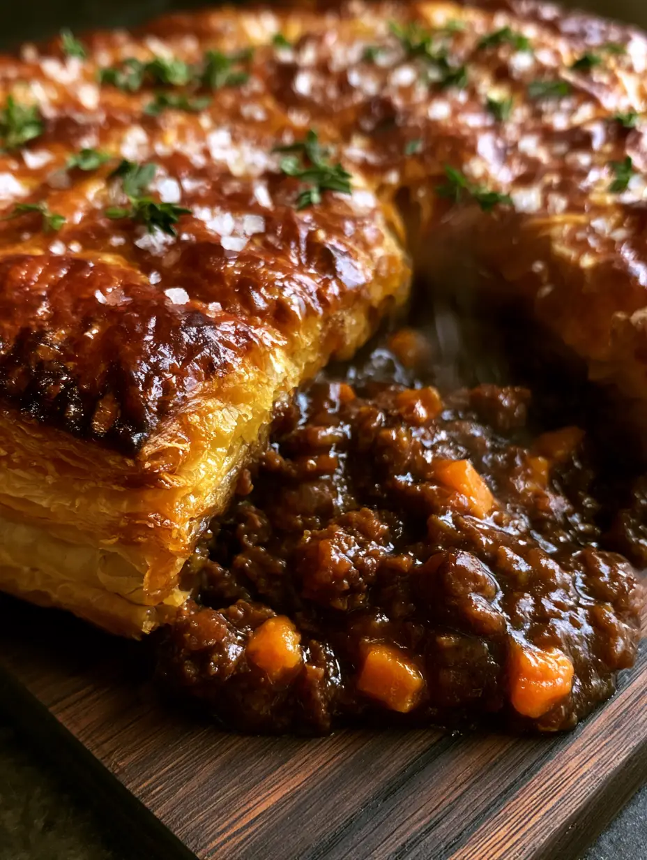 Macro close-up of meat pie layers showing a glistening egg-wash sheen and flaky sea salt.