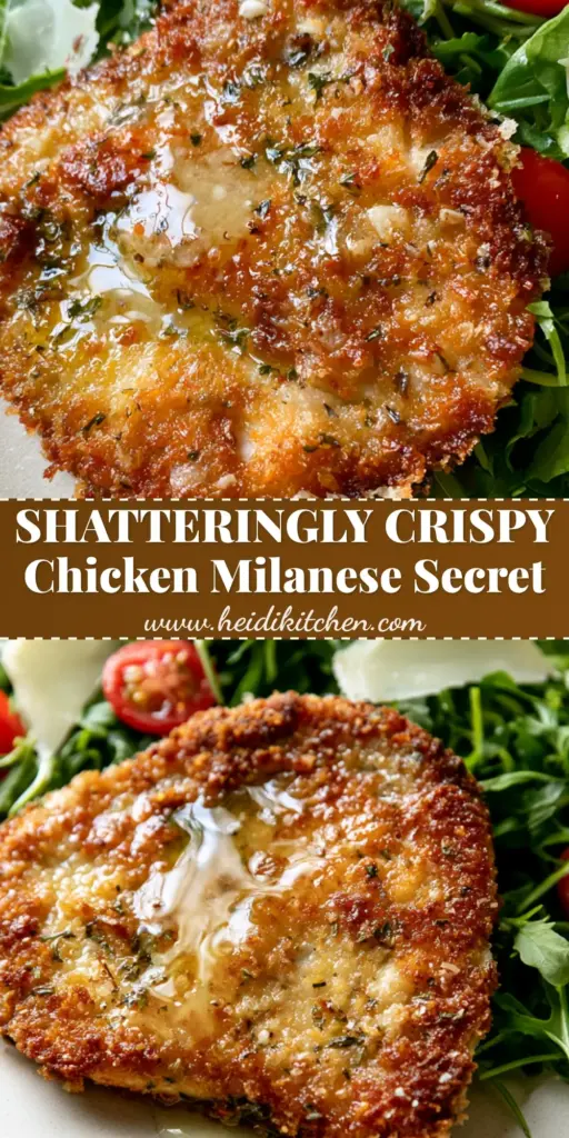 A perfectly golden-brown panko-crusted chicken milanese cutlet topped with arugula, cherry tomatoes, and thin parmesan shavings on a rustic table.
