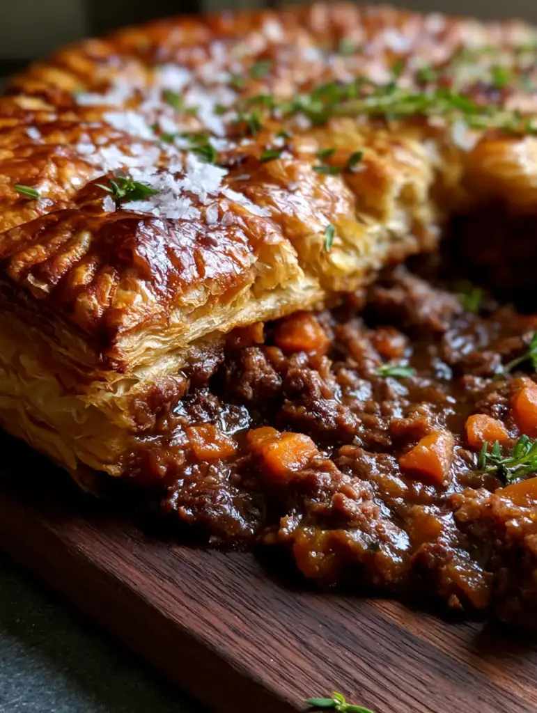 A wedge of meat pie pulled out to reveal thick dark gravy, browned beef, and soft orange carrots.