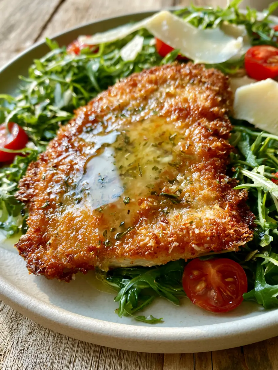 Ultra close-up of the mosaic texture of panko and parmesan breading on a chicken milanese cutlet.