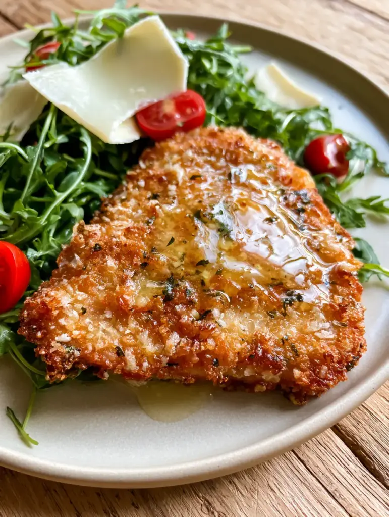 Handheld photo of chicken milanese being drizzled with a glossy lemon garlic butter sauce.