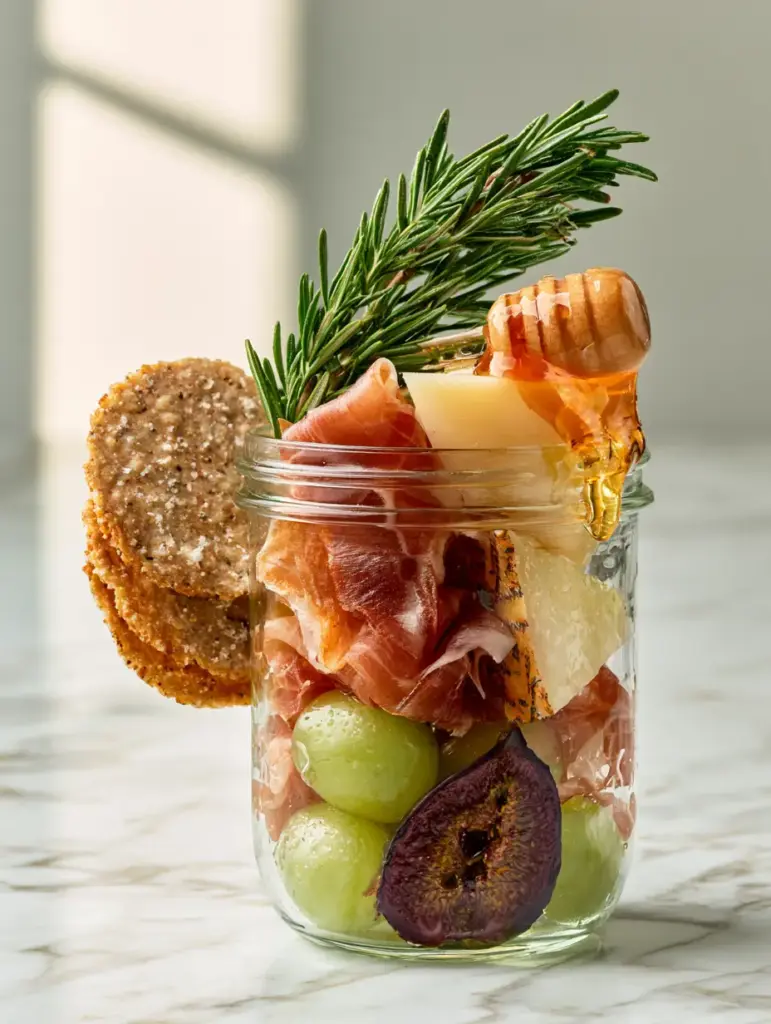 Close up of glass jars filled with chilled grapes, mission figs, and folded prosciutto ribbons. (charcuterie board ideas)
