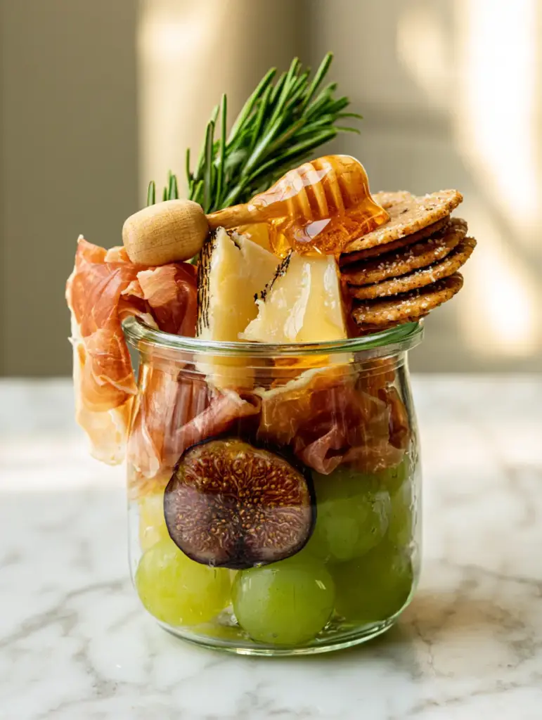 Manchego cheese triangles and sea salt crackers in a glass jar with a honey dipper.
