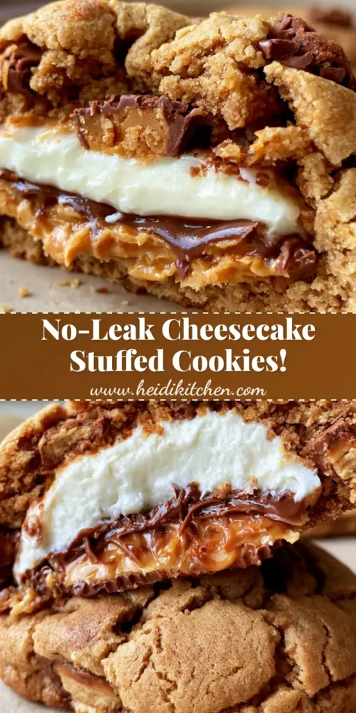Reese’s Cheesecake Cookies: The Ultimate Stuffed Peanut Butter Treat 4 A thick, golden-brown Reese’s Cheesecake Cookie split in half showing a velvety white cream cheese center and melted chocolate.