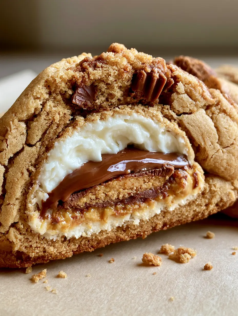 Reese’s Cheesecake Cookies: The Ultimate Stuffed Peanut Butter Treat 3 Close-up handheld photo of a Reese’s Cheesecake Cookie split to reveal the layered interior on parchment paper.