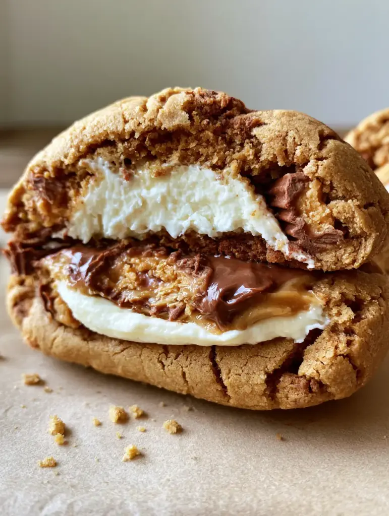Reese’s Cheesecake Cookies: The Ultimate Stuffed Peanut Butter Treat 1 A cracked peanut butter cookie shell with embedded Reese's chunks and a thick white cheesecake core.