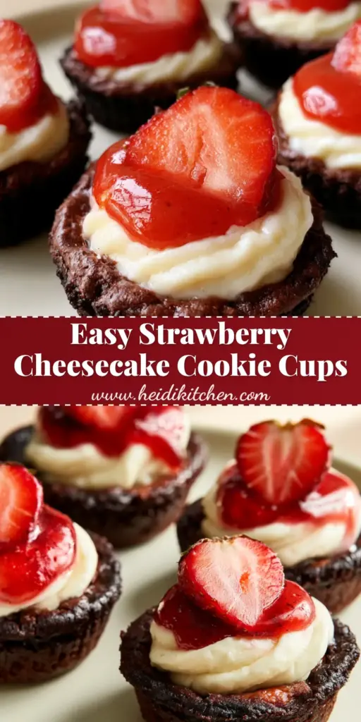 A professional spread of strawberry cheesecake chocolate cookie cups with deep dark chocolate bases and glossy red strawberry toppings on a cream ceramic platter.