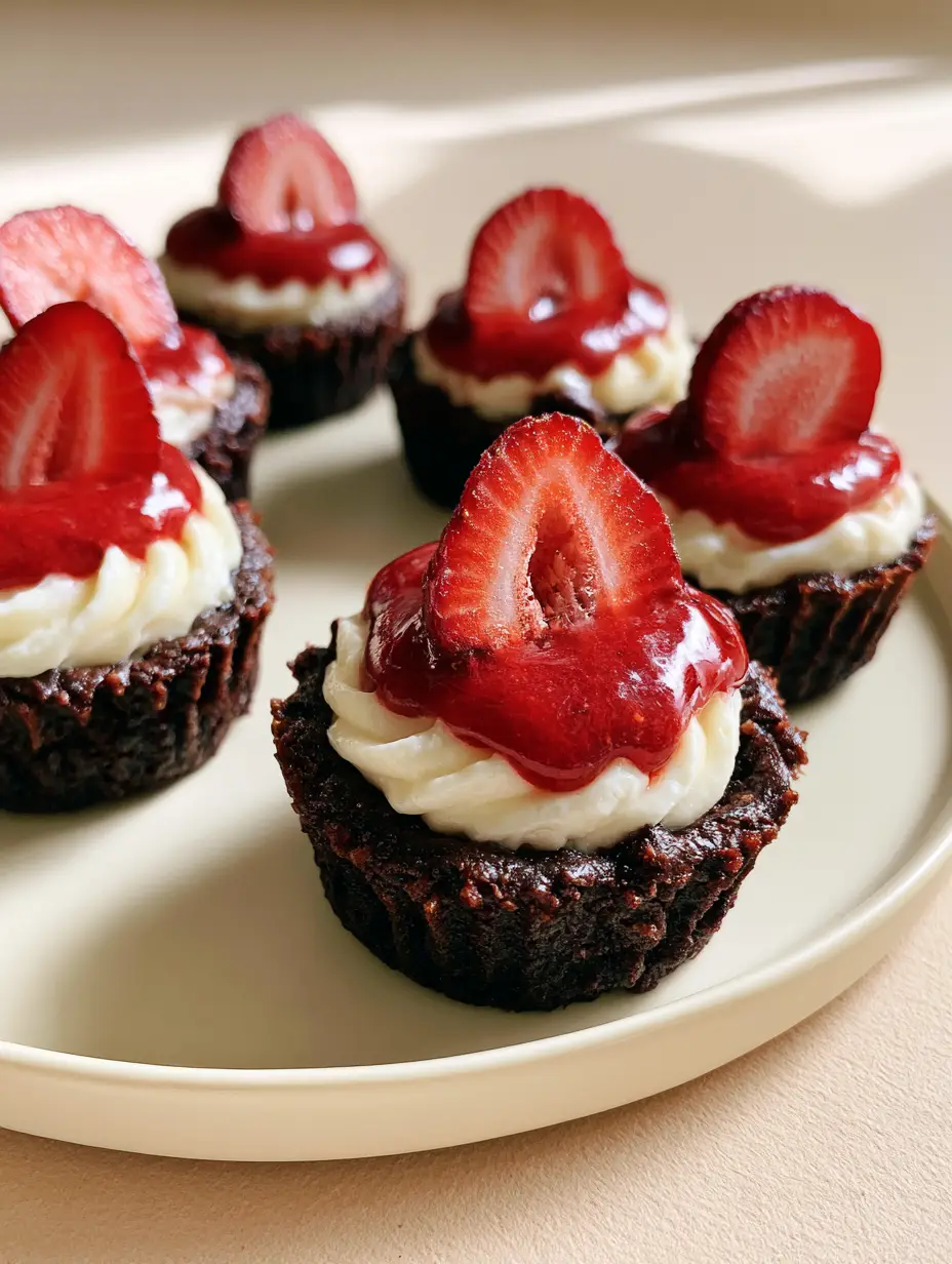 Smartphone photo of bite-sized strawberry cheesecake chocolate cookie cups showing the velvety swirl and crumbly edge.