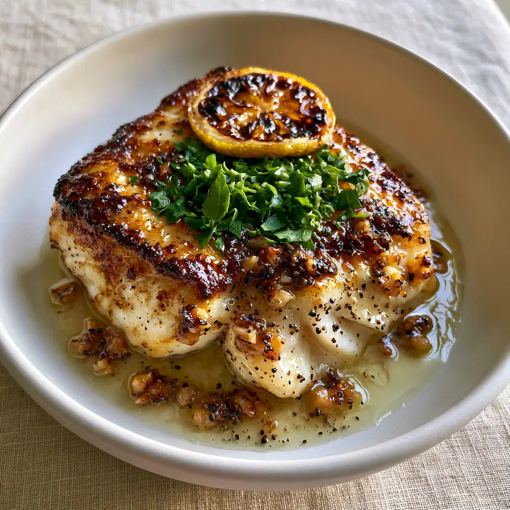 Top-down view of Chilean sea bass garnished with parsley and a charred lemon slice. (Chilean sea bass recipe)