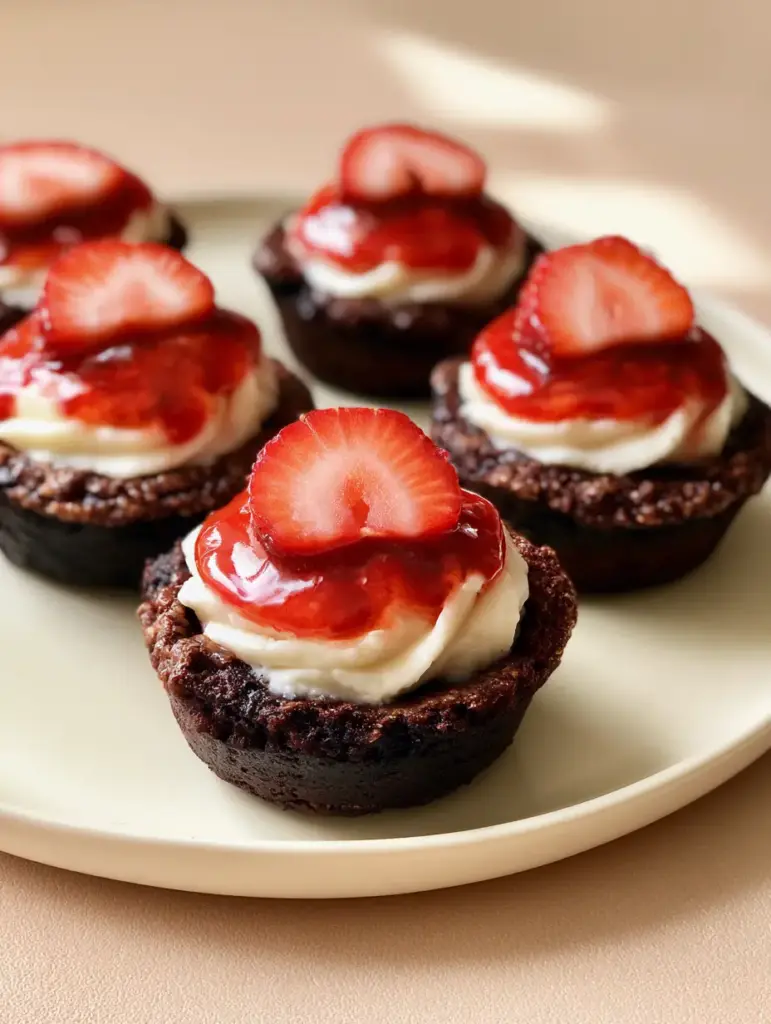 Close up of glossy red strawberry glaze on strawberry cheesecake chocolate cookie cups against a warm beige background.