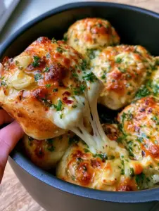 Hand pulling away one golden-brown roll from a cluster of cheese stuffed garlic bread balls, revealing thick molten mozzarella.