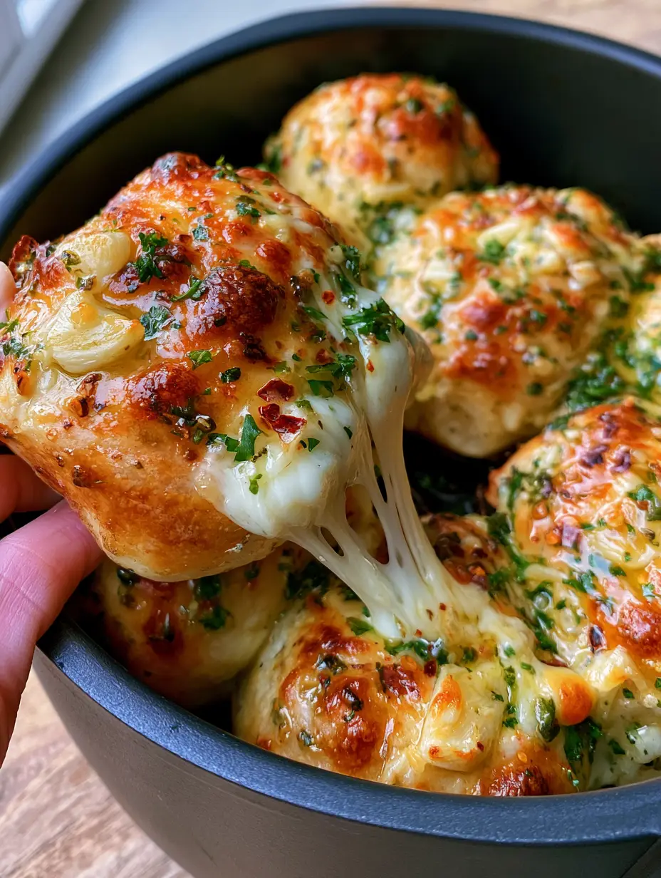Hand pulling away one golden-brown roll from a cluster of cheese stuffed garlic bread balls, revealing thick molten mozzarella.