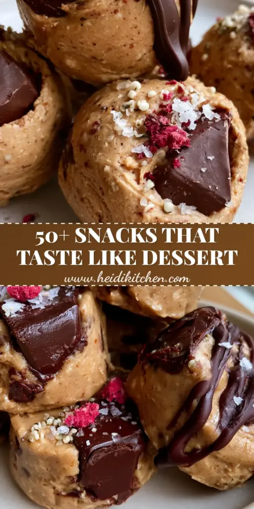 A cluster of five thick peanut butter protein cookie dough bites on a white plate with raspberry garnish. (snack recipes)