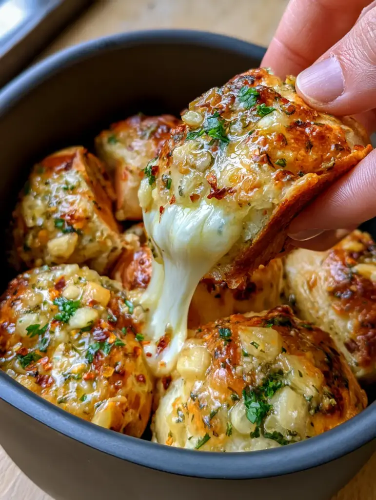 Close-up of chunky minced garlic, fresh parsley, and red pepper flakes on the glossy surface of cheese stuffed garlic bread balls.