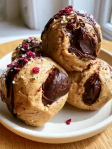 Close up of matte peanut butter cookie dough bites with hemp seeds and chocolate chunks. (snack recipes)