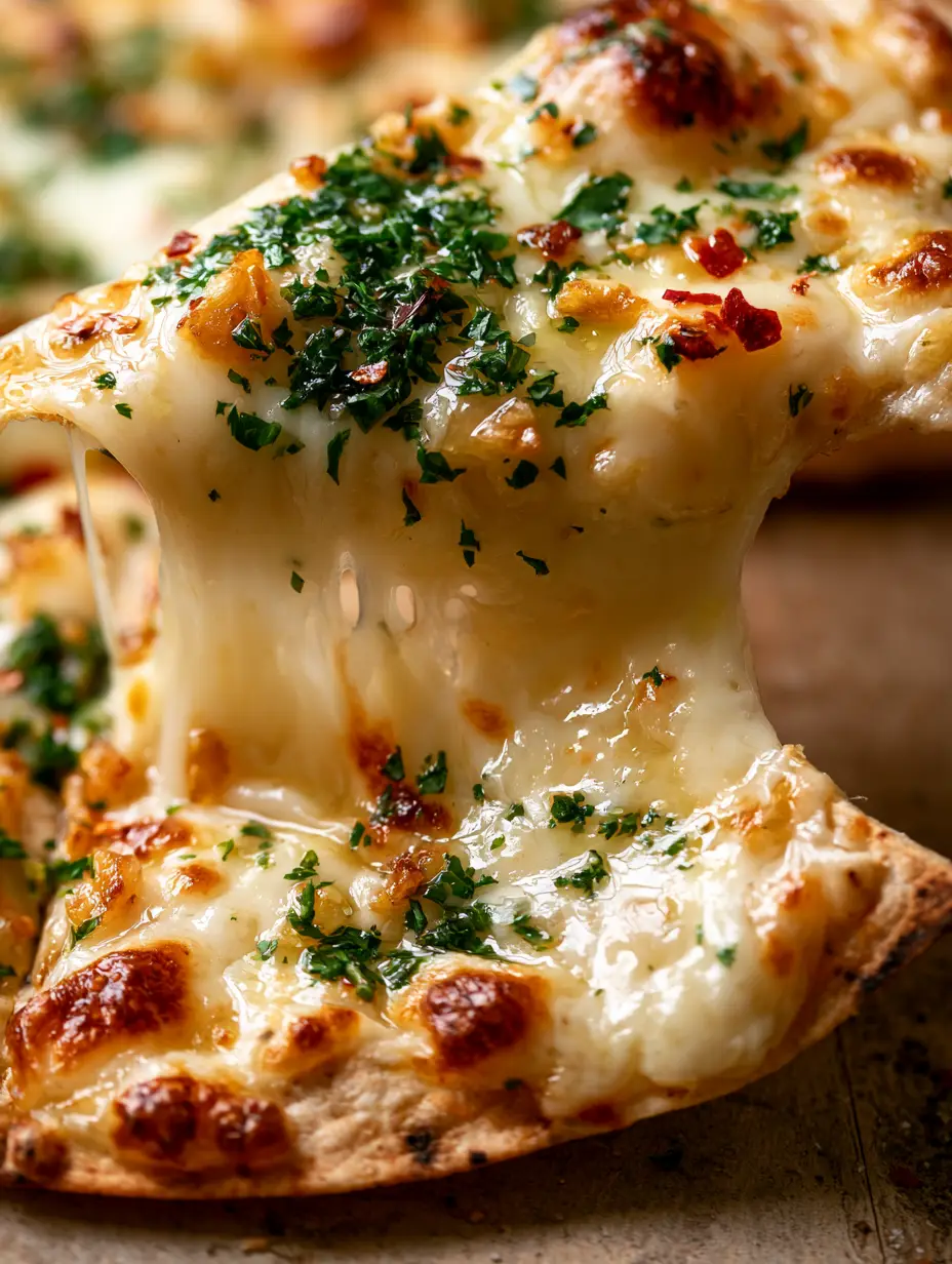 Extreme close-up of a dramatic cheese pull from a slice of air fryer cheesy tortilla garlic bread.