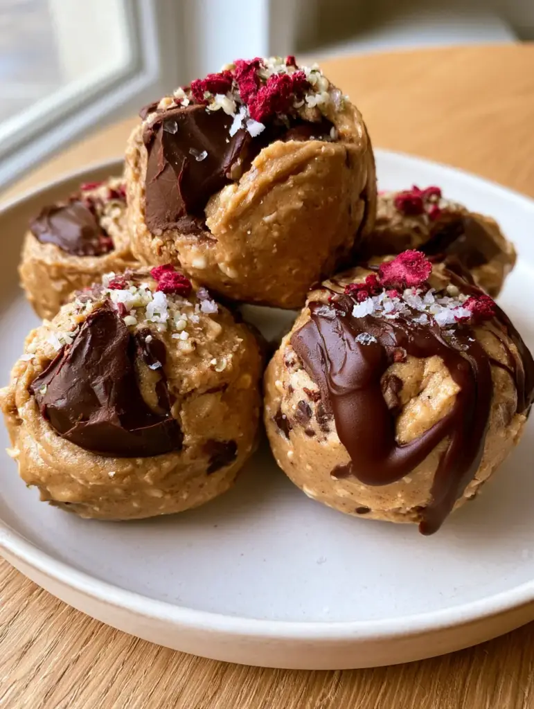 Protein bites on a white plate showing glossy chocolate drizzle and pink raspberry crumbs.