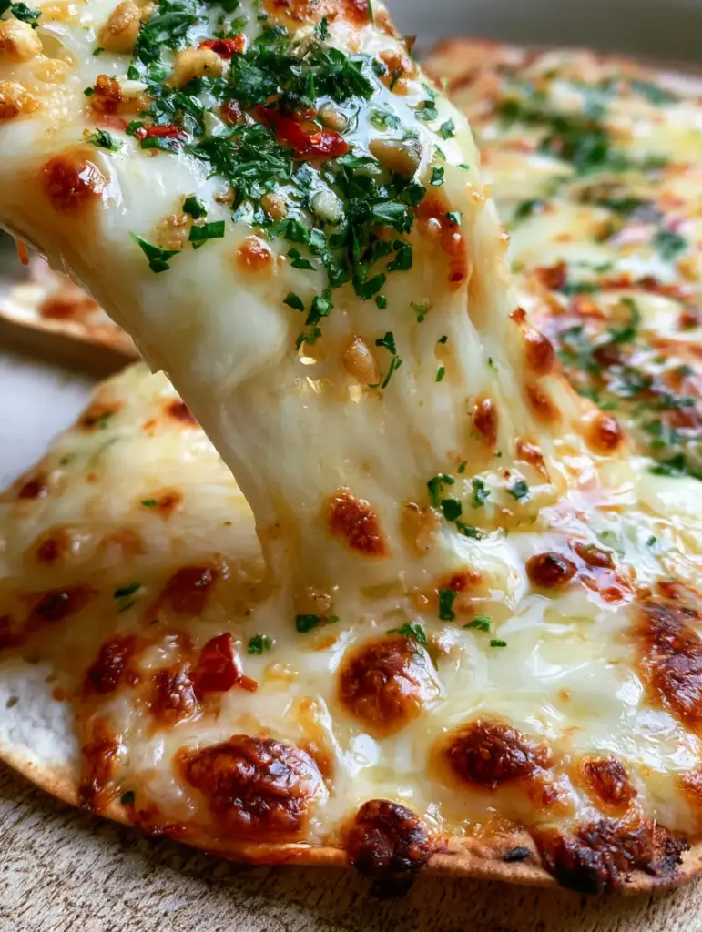 Low angle shot of ultra-crispy tortilla garlic bread with shimmering butter and toasted minced garlic.