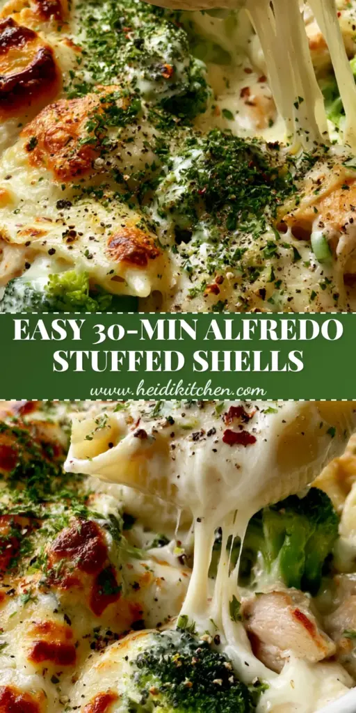Chicken Broccoli Alfredo Stuffed Shells with Bubbly Mozzarella and Toasted Parmesan 4 A long, stretchy cheese pull from a jumbo pasta shell overflowing with chicken and broccoli in a white ceramic dish. (chicken broccoli alfredo stuffed shells)