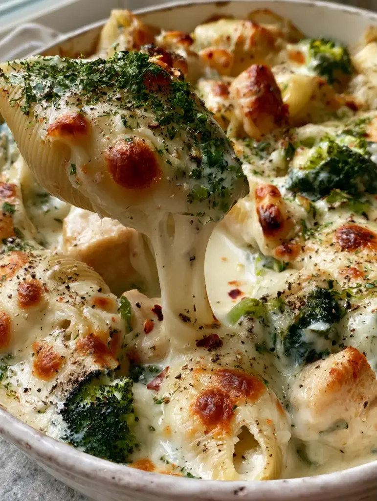 Chicken Broccoli Alfredo Stuffed Shells with Bubbly Mozzarella and Toasted Parmesan 2 Macro close-up of chicken broccoli alfredo stuffed shells with glistening white sauce and bubbly golden-brown cheese spots. (chicken broccoli alfredo stuffed shells)