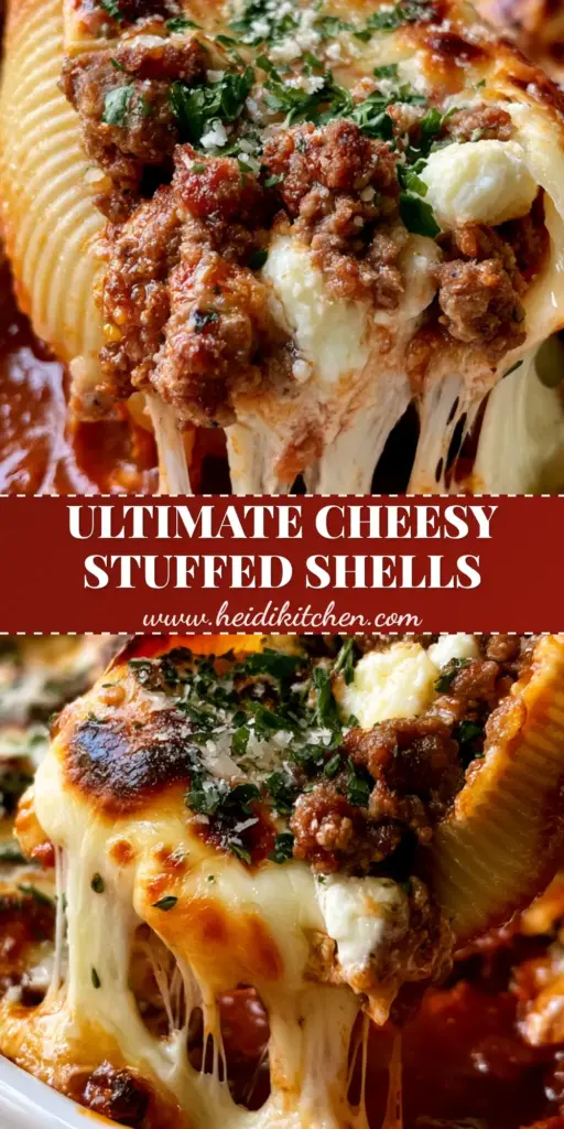 A single jumbo pasta shell lifted from a dish with a massive mozzarella cheese pull, showing seared beef and ricotta filling. (Ricotta Beef Stuffed Shells recipe)