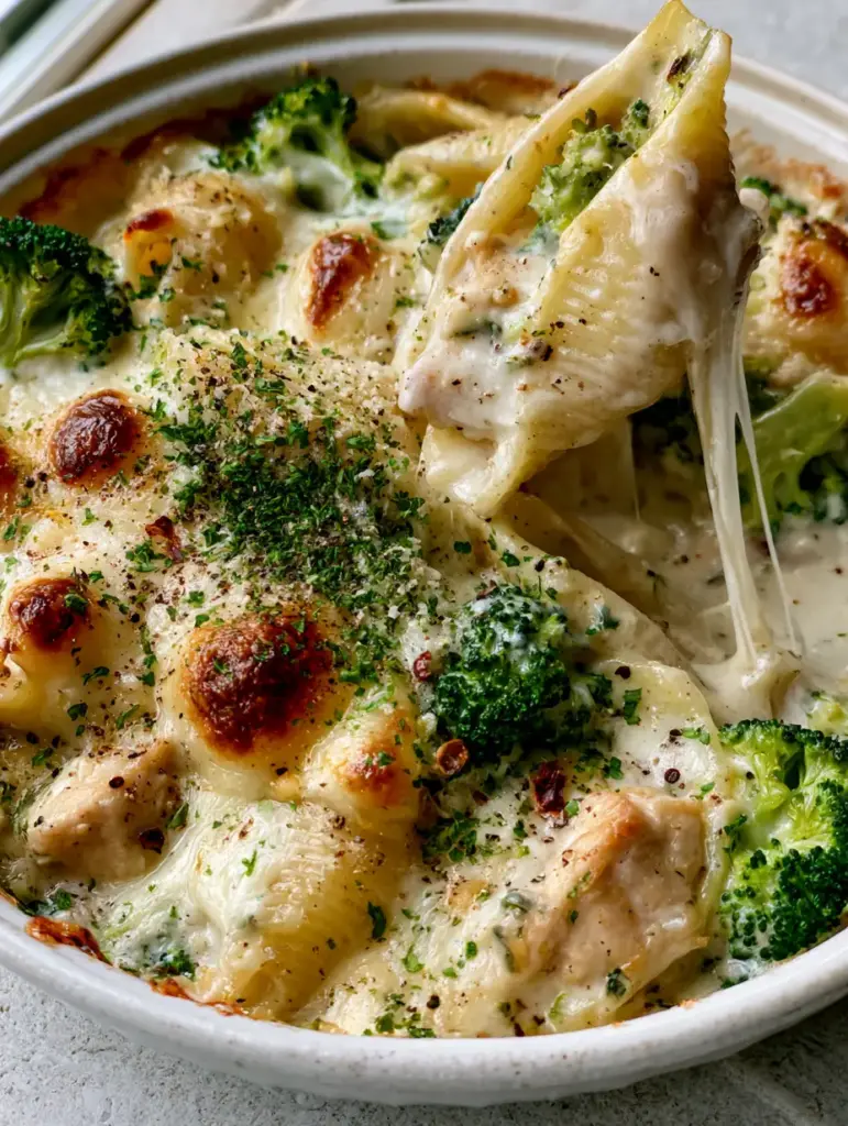 Chicken Broccoli Alfredo Stuffed Shells with Bubbly Mozzarella and Toasted Parmesan 1 Rustic ceramic dish filled with chicken broccoli alfredo stuffed shells garnished with fresh parsley and red pepper flakes.