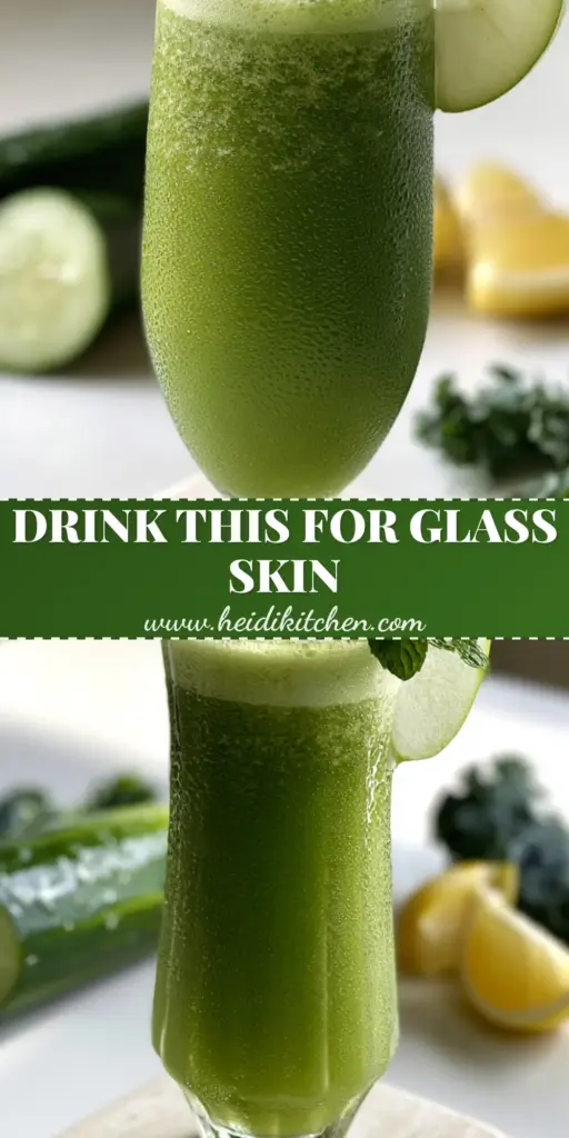 A vibrant glowing emerald-green juice in a fluted glass on a travertine coaster, showcasing glow-boosting juice recipes.