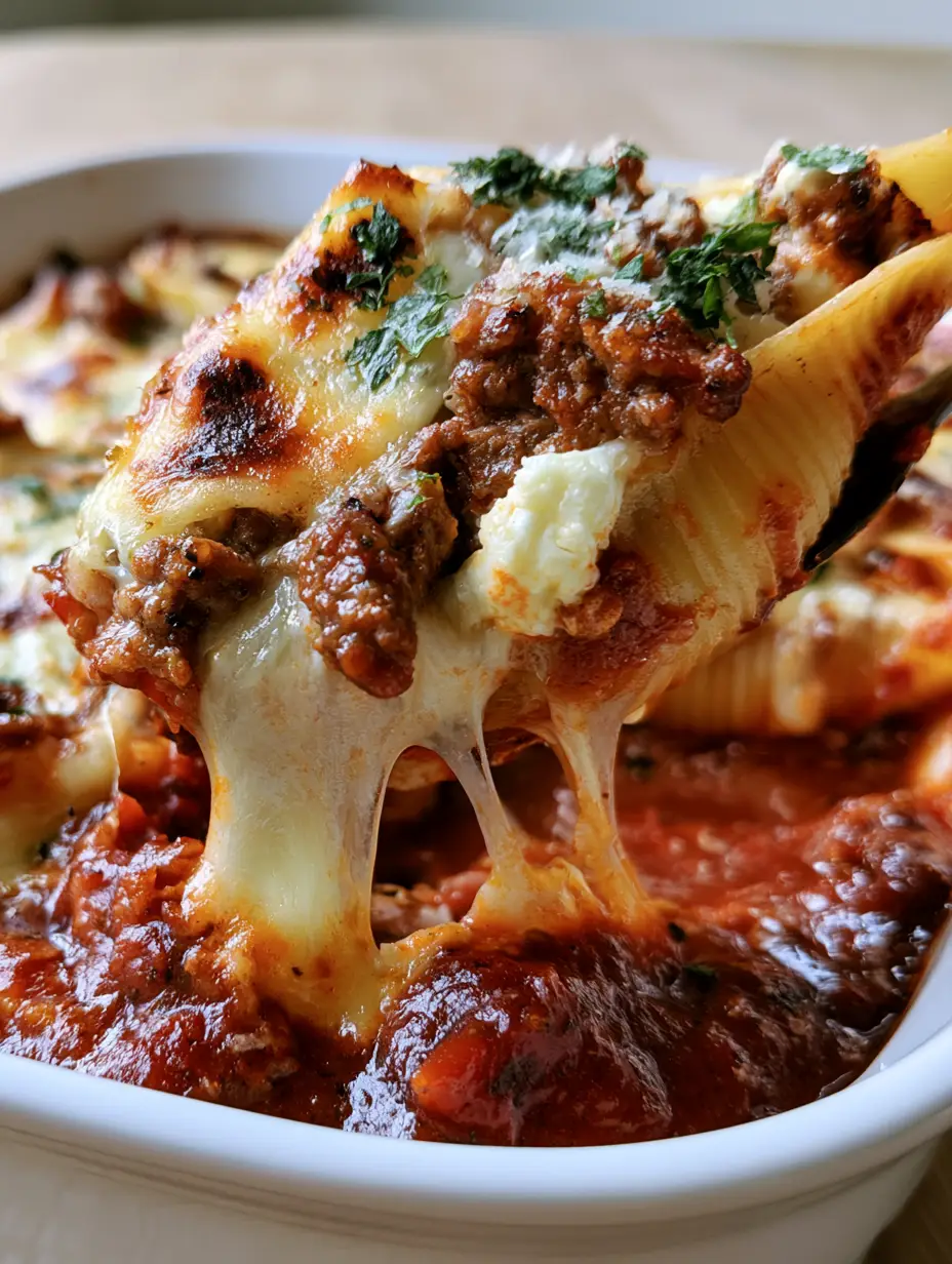 Extreme macro close-up of a stuffed pasta shell with charred cheese spots and fresh parsley garnish. (Ricotta Beef Stuffed Shells recipe)