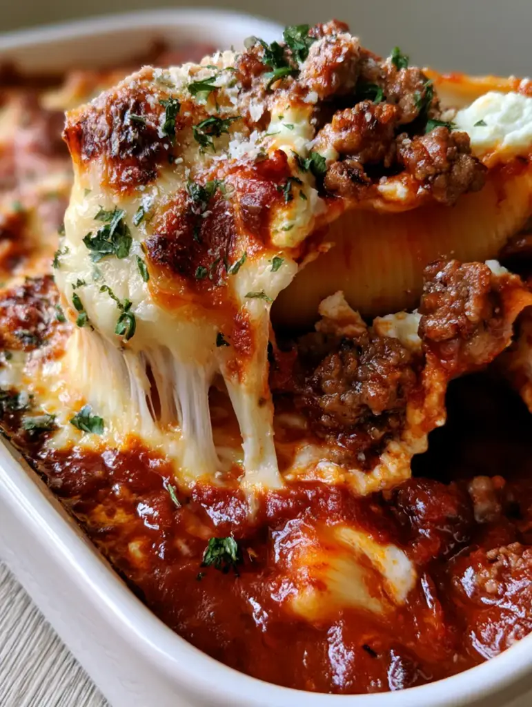 A ceramic baking dish filled with beef stuffed shells coated in thick red marinara sauce.