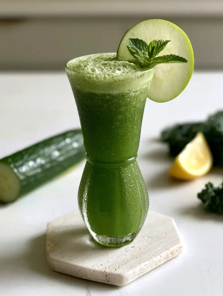 Tall elegant fluted glass with emerald green juice and micro-bubbles, a key result of glow-boosting juice recipes.