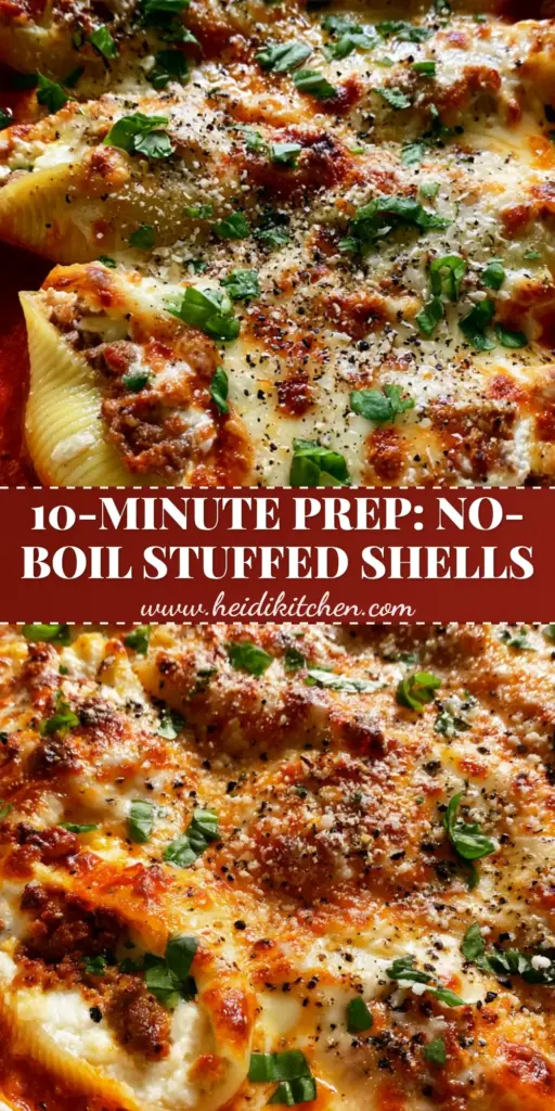 An overhead shot of a white ceramic baking dish containing perfectly aligned stuffed shells with bubbling marinara and golden mozzarella cheese.