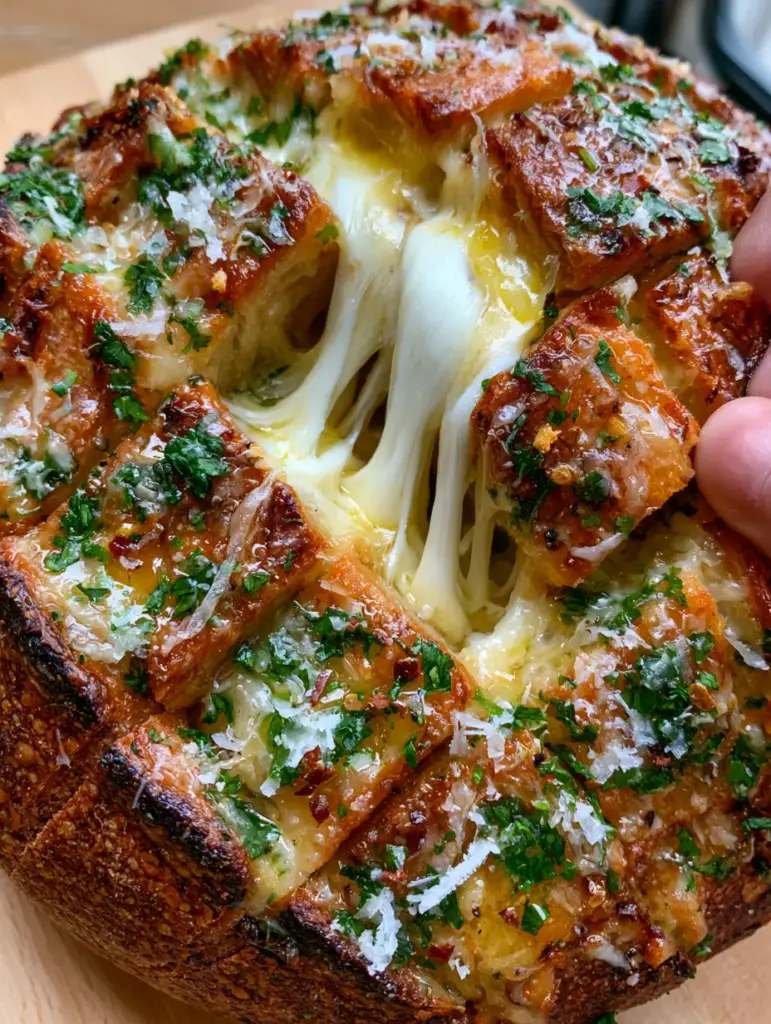 Cheesy Pull-Apart Garlic Bread with Melted Mozzarella and Sourdough 2 Extreme close-up of cheesy pull-apart garlic bread with bubbling mozzarella and golden garlic butter.