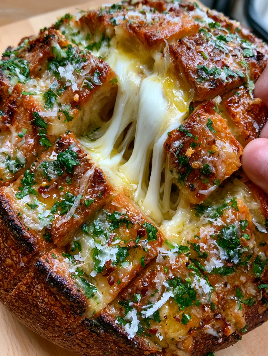 Cheesy Pull-Apart Garlic Bread with Melted Mozzarella and Sourdough 3 Extreme close-up of cheesy pull-apart garlic bread with bubbling mozzarella and golden garlic butter.