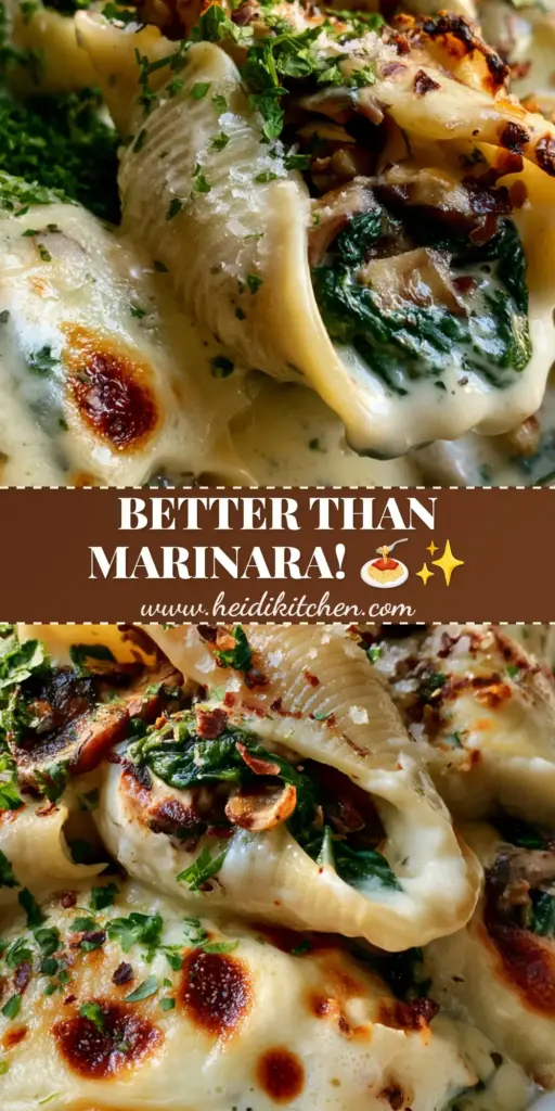 A rustic ceramic dish filled with Garlic Mushroom Stuffed Shells, showing a cheese pull, bubbling mozzarella, and fresh parsley garnish.
