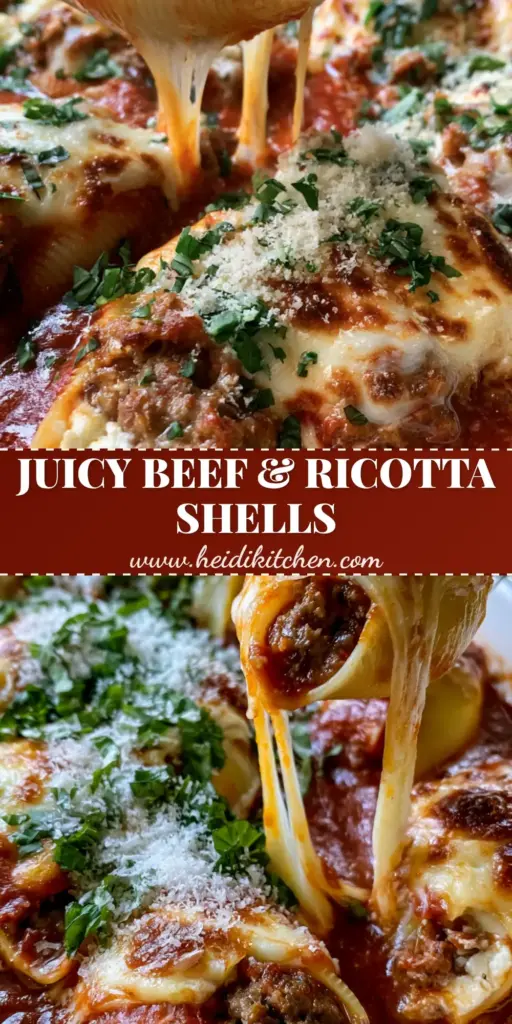 A close-up of Beef-Stuffed Shells in a white ceramic dish with melted mozzarella and fresh basil.