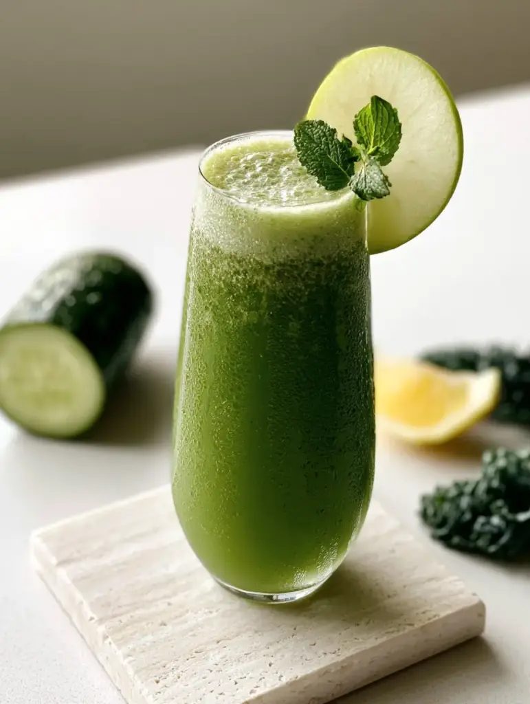 Close-up of cold condensation droplets on a glass filled with green juice from glow-boosting juice recipes.