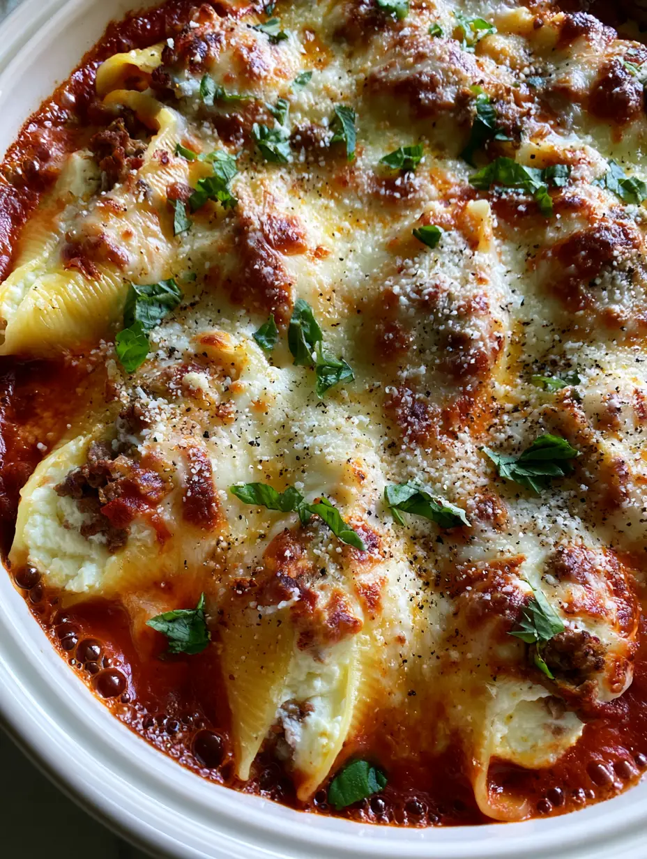 Close up of stuffed shells showing the creamy ricotta and browned beef filling inside a jumbo pasta shell.