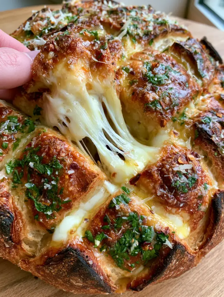 Cheesy Pull-Apart Garlic Bread with Melted Mozzarella and Sourdough 1 A golden-brown sourdough loaf topped with fresh parsley, parmesan, and chili flakes for cheesy pull-apart garlic bread.