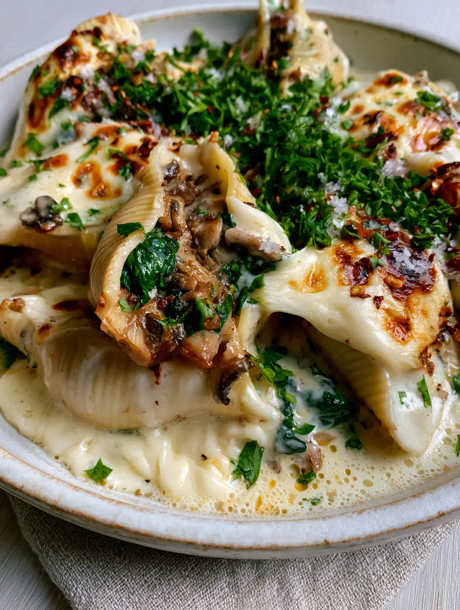 Close-up of a single stuffed shell pulled forward, revealing garlic butter cremini mushrooms and spinach filling under a velvety white sauce.